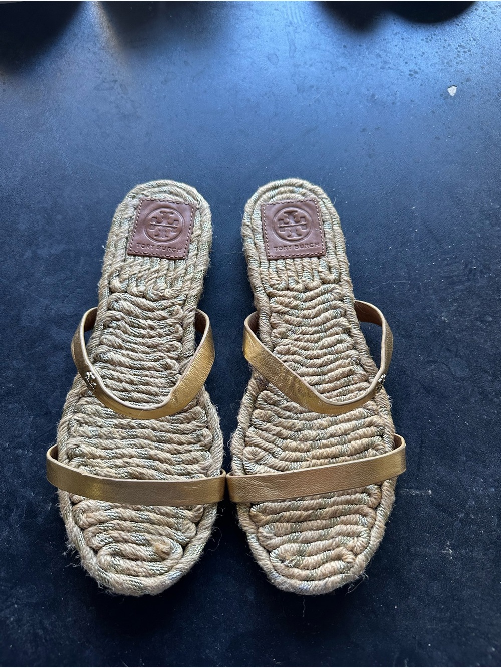 Tory Burch Gold Leather Strap Rope Slide Sandals